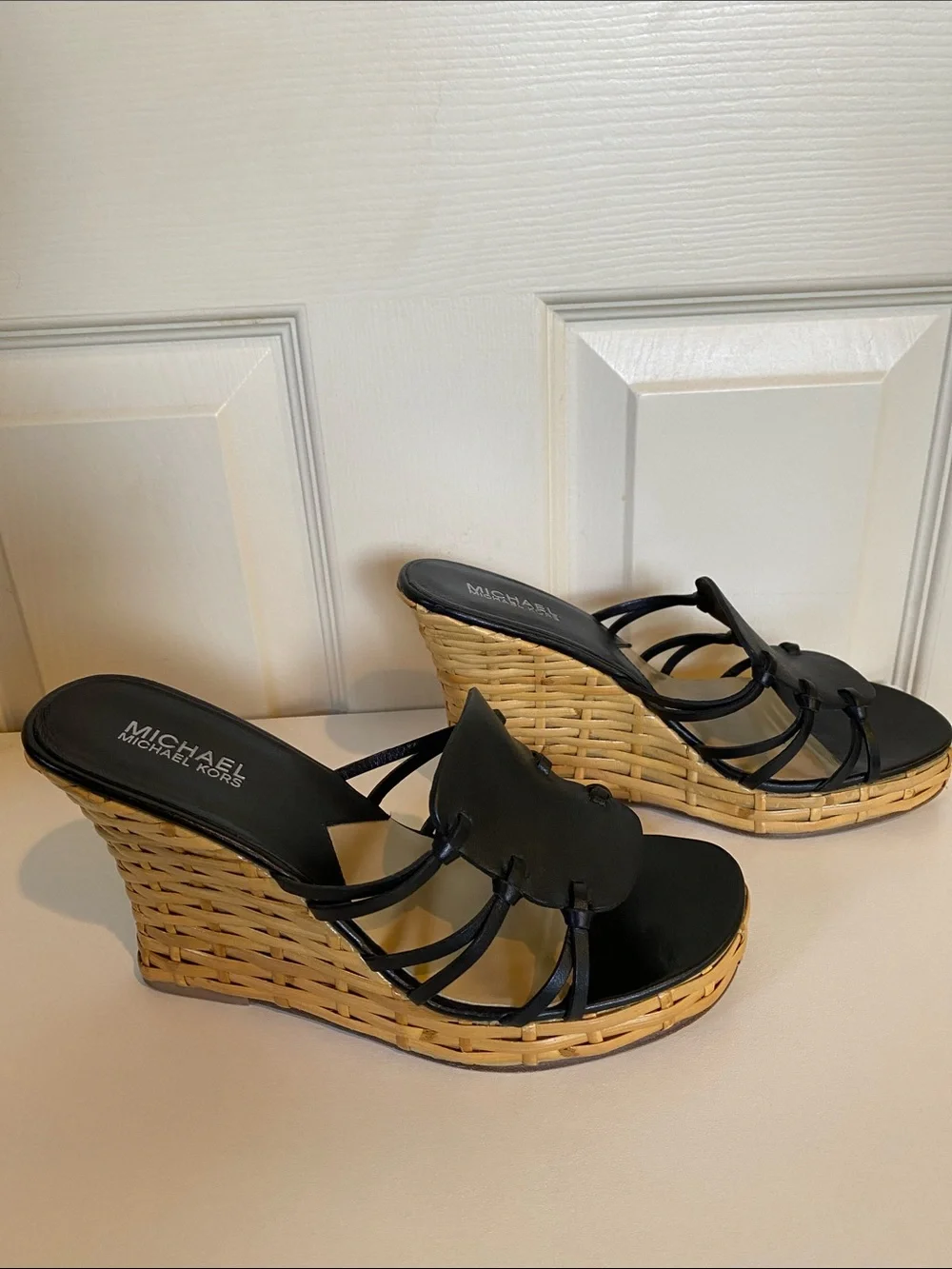 Michael Kors Black Leather Strappy Wedge Sandals with Tan Woven Platform